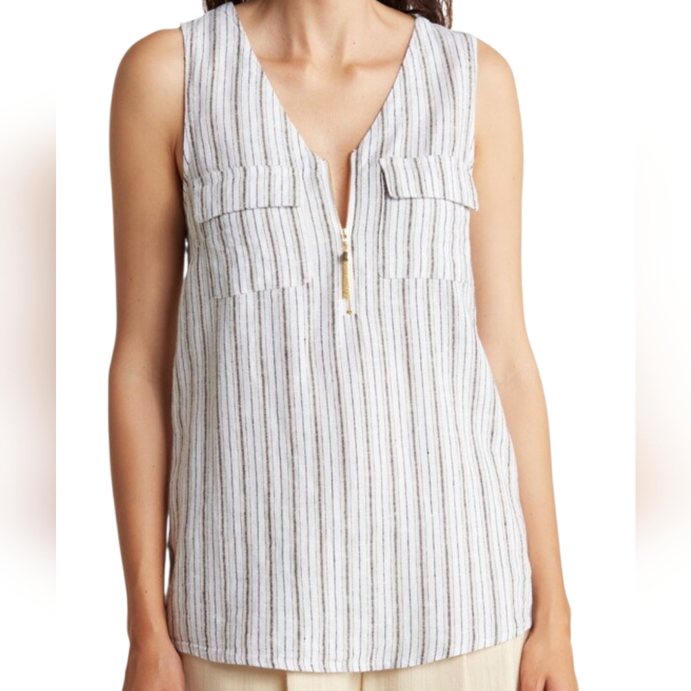 Ellen Tracy Striped Sleeveless Linen Blend Tank Blouse Zip Front Sz M New